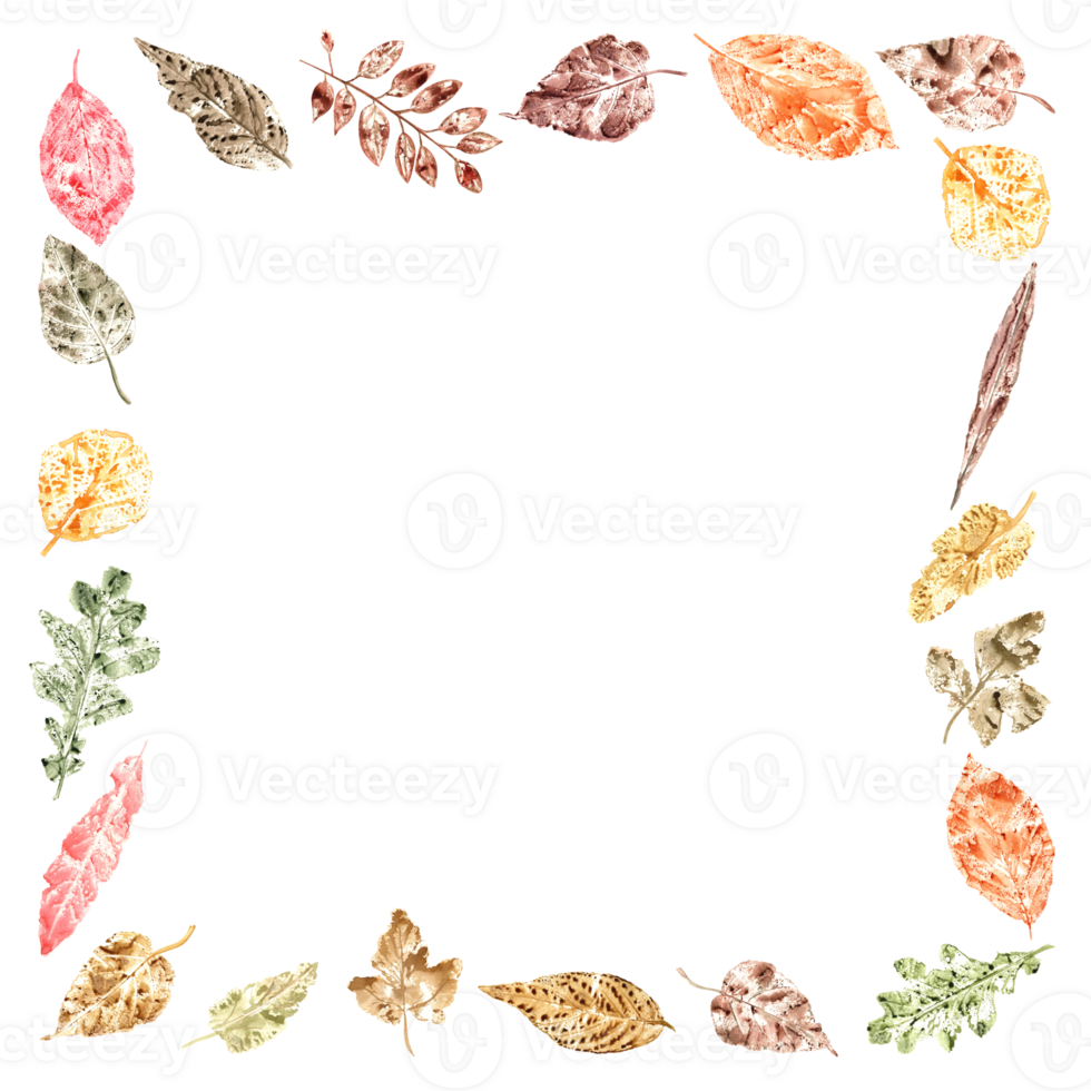 cuadrado marco con otoño vistoso hojas. acuarela ilustración de hoja huellas para otoño fiesta tarjetas, saludo, invitación. espalda a escuela. acción de gracias día. profesores día. espacio para texto png