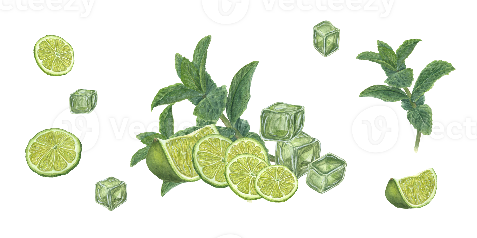 Watercolor set of Ice Cubes, Lime slices, Mint sprig. Composition and individual elements. Botanical illustration for menu, celebration design, cocktail party png