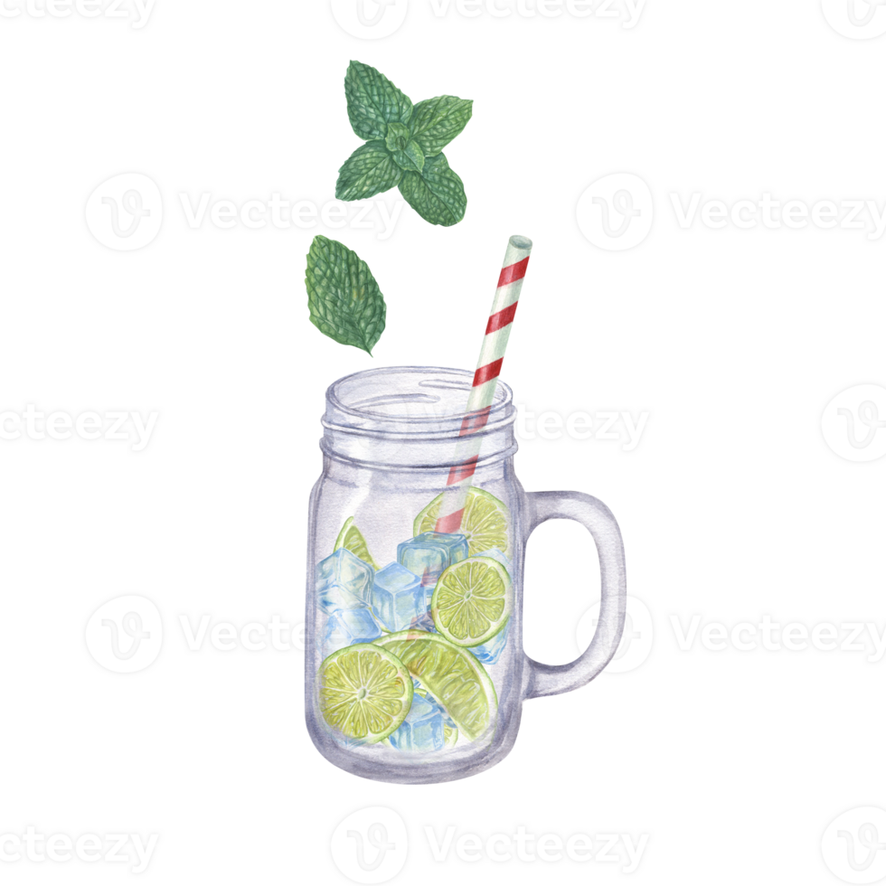 vattenfärg illustration av mojito cocktail steg förbi steg. kalk skiva, mynta, is kuber, dricka sugrör, glas burk. förberedelse instruktion, steg 3. för meny, cocktail fest png