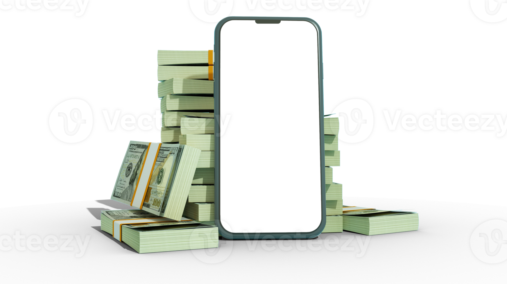 3d representación de un móvil teléfono con blanco pantalla en frente de pilas de 100 nosotros dólar notas aislado en transparente antecedentes. png