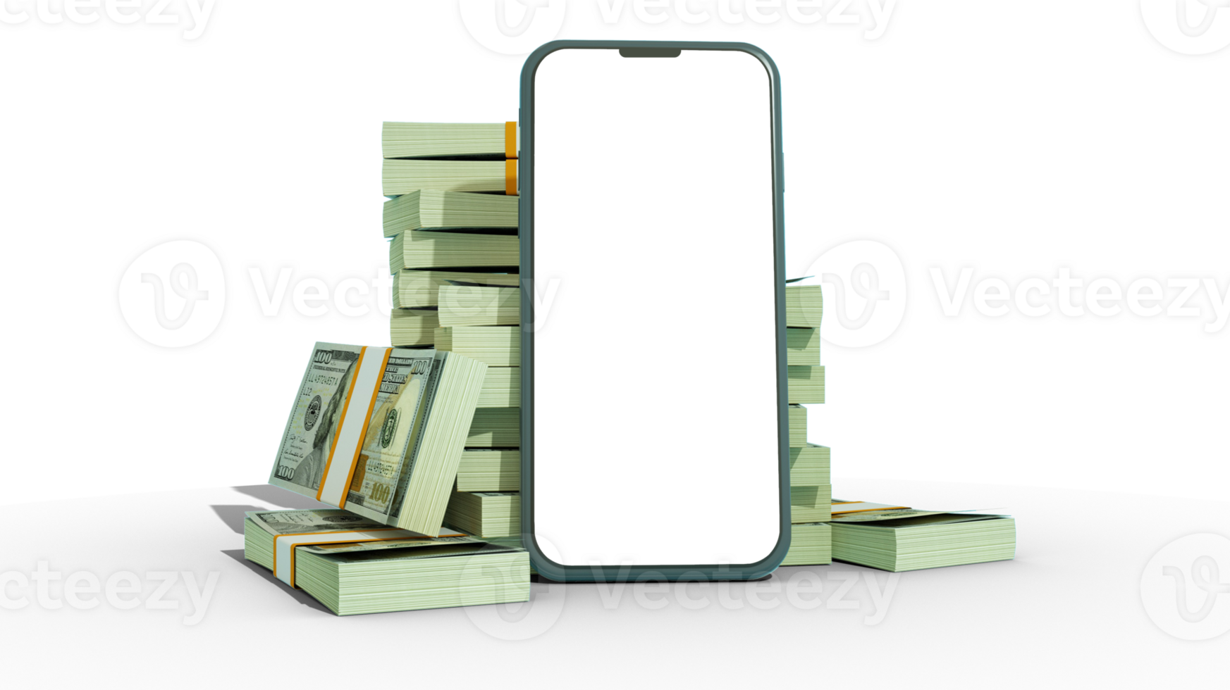 3d tolkning av en mobil telefon med tom skärm i främre av stackar av 100 oss dollar anteckningar isolerat på transparent bakgrund. png