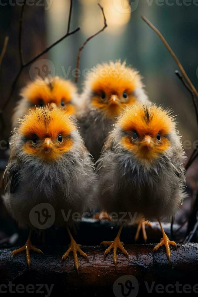 An intense shot of a group of angry birds with fierce expressions guarding their nests in the vibrant wilderness photo