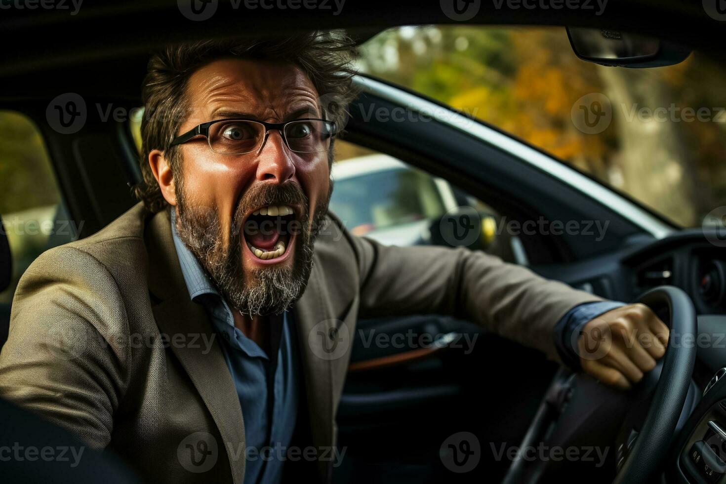 A furious man yells from his car while a woman reacts with wide-eyed frustration in a traffic jam photo