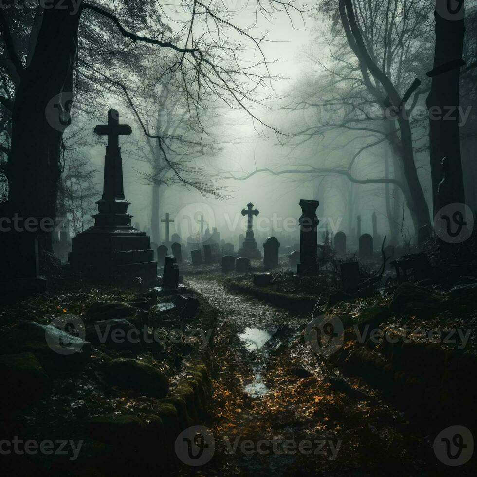 A haunting graveyard scene emerges from the mist as tombstones stand sentinel amidst the eerie gloom photo