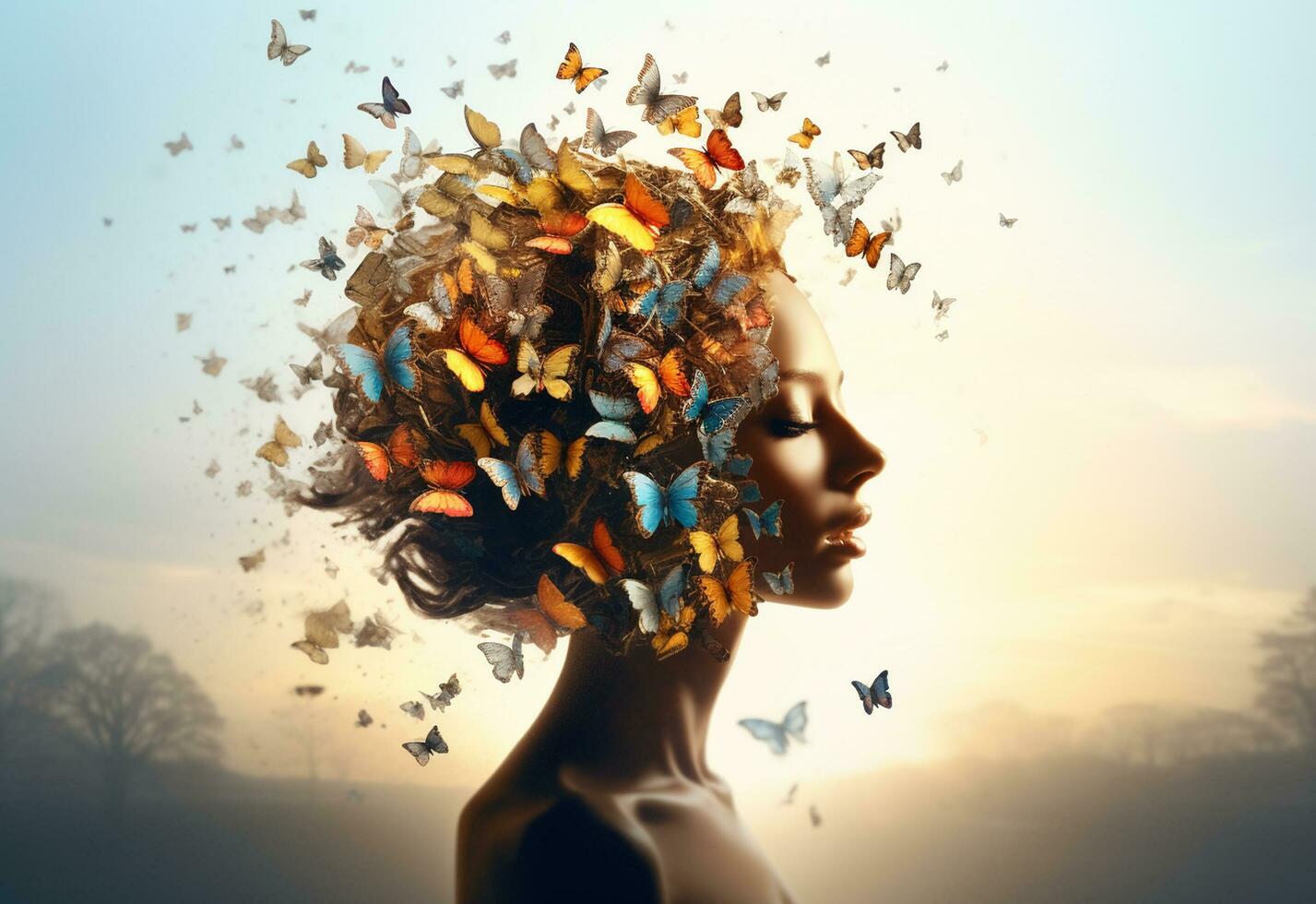 Ai Generative Surreal double exposure image of woman and butterflies. Great for ads, book covers, posters and more realistic image, ultra hd, high design very detailed photo