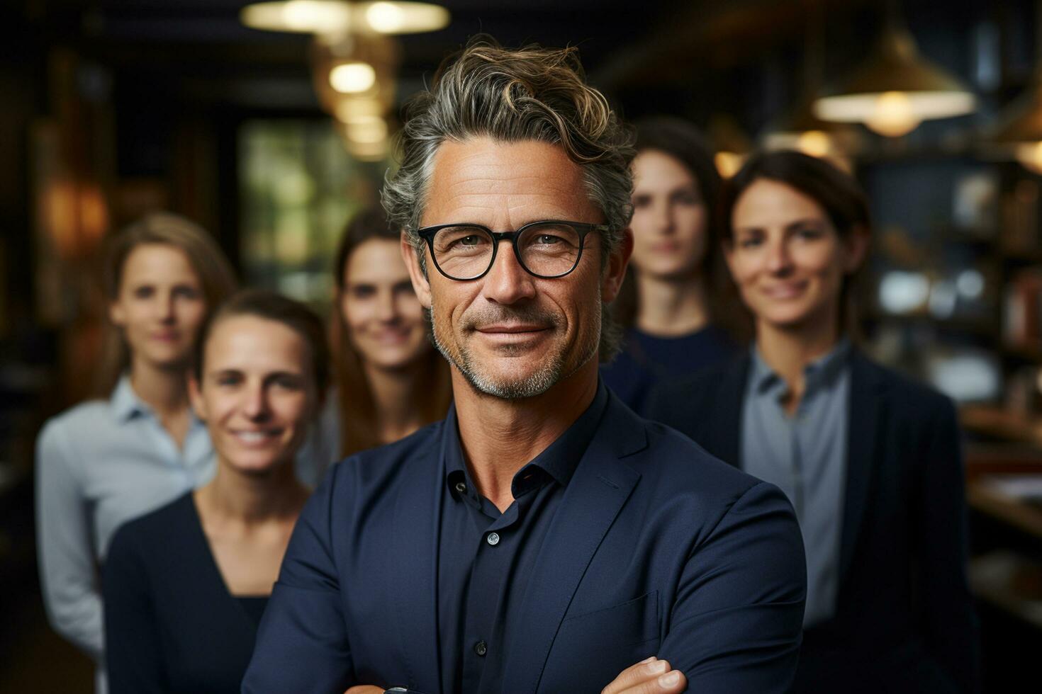 Ai Generative group of happy business man and business women, dressed in suits are smiling, in the office photo