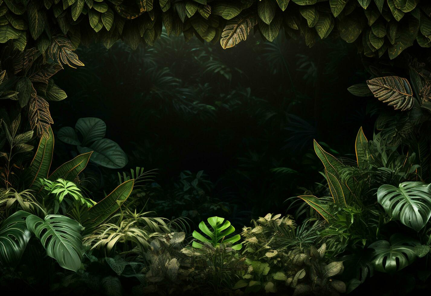 Ai Generative Beautiful jungle background with border made of tropical leaves backdrop with copy space photo