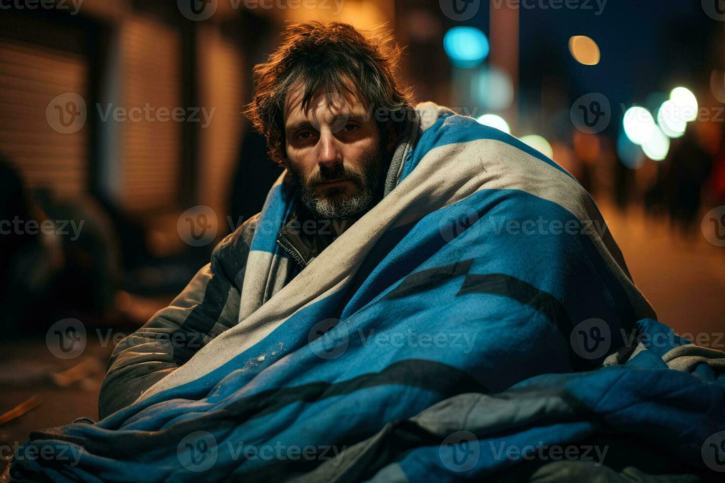 Homeless person sleeping on the sidewalk wrapped in the Argentina flag photo