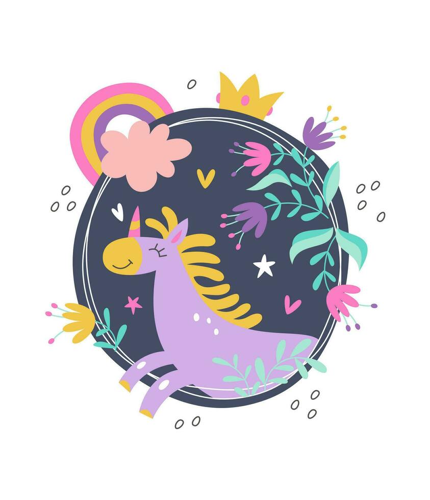 Cute unicorn with a mane and a horn in a round frame. Birthday concept. Crown, rainbow, flowers, plants. Vector hand drawn illustration isolated on white background