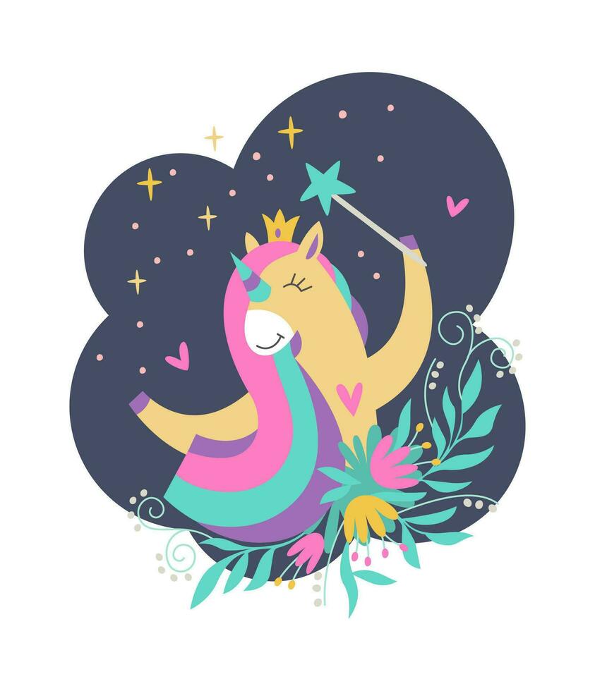 A unicorn with a rainbow mane and a horn holds a magic wand. Vector illustration isolated on white background