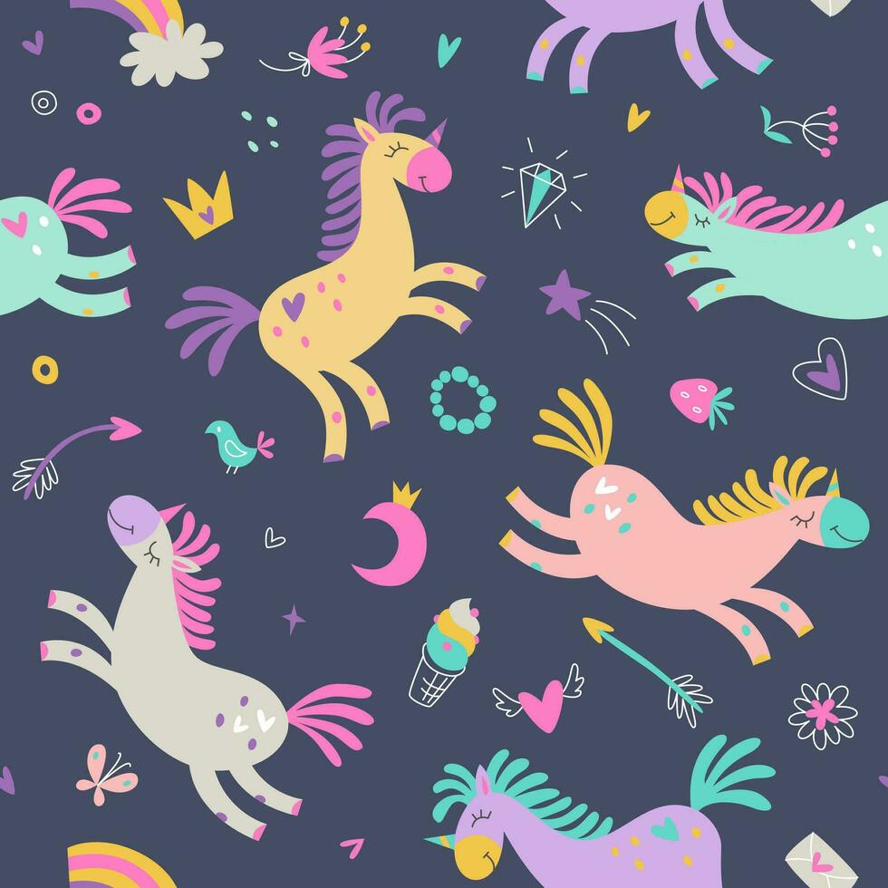 Seamless pattern of cute unicorns on a dark background. Vector illustration. Birthday concept