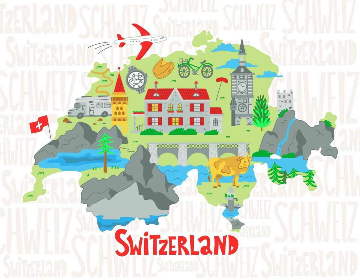 estilizado mapa de Suiza. ilustración de suizo puntos de referencia, naturaleza y simbolos vector plano ilustración