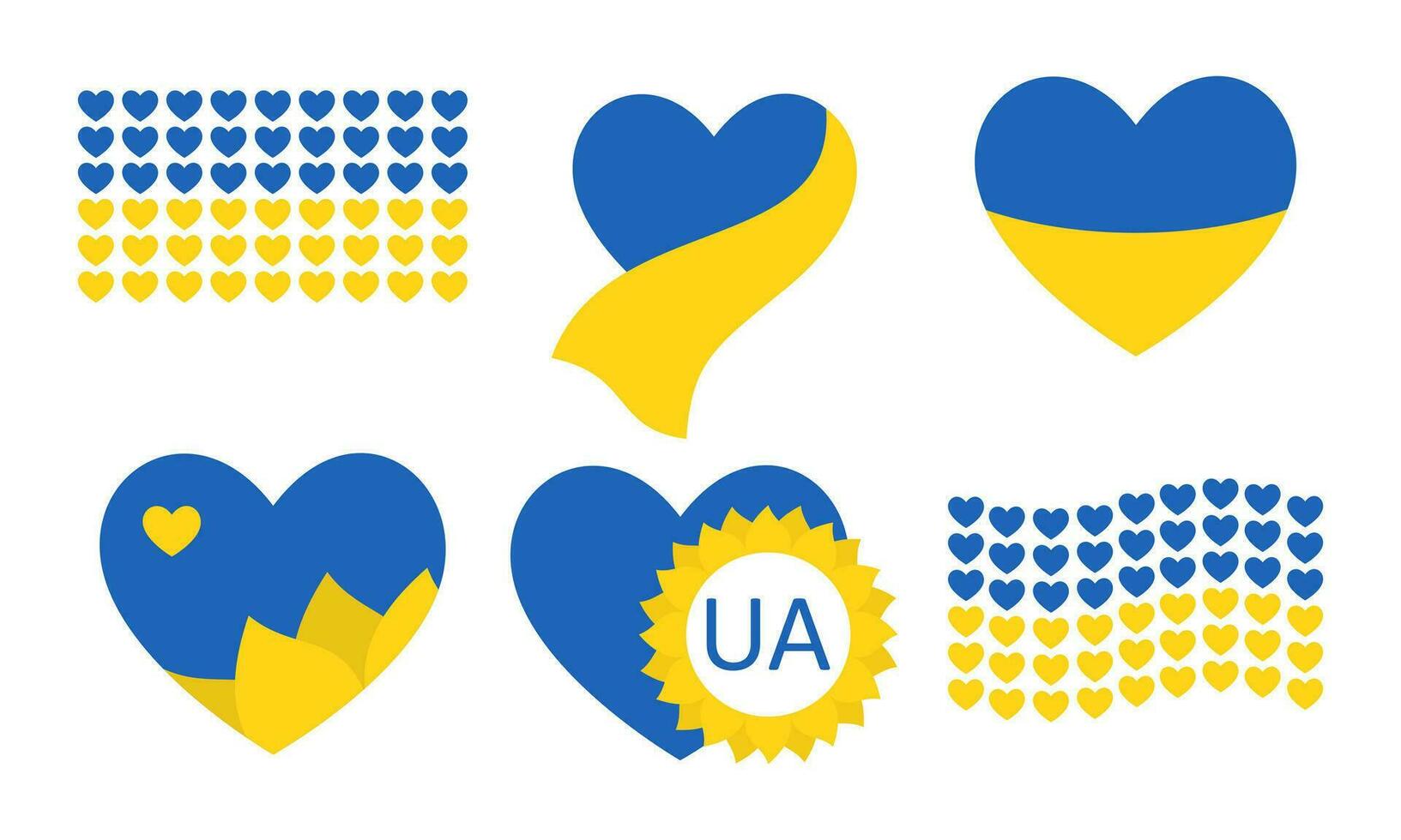 Set of signs in the color of the flag of Ukraine, hearts, sunflower. Icons of Ukrainian symbols. Vector flat illustration of stickers