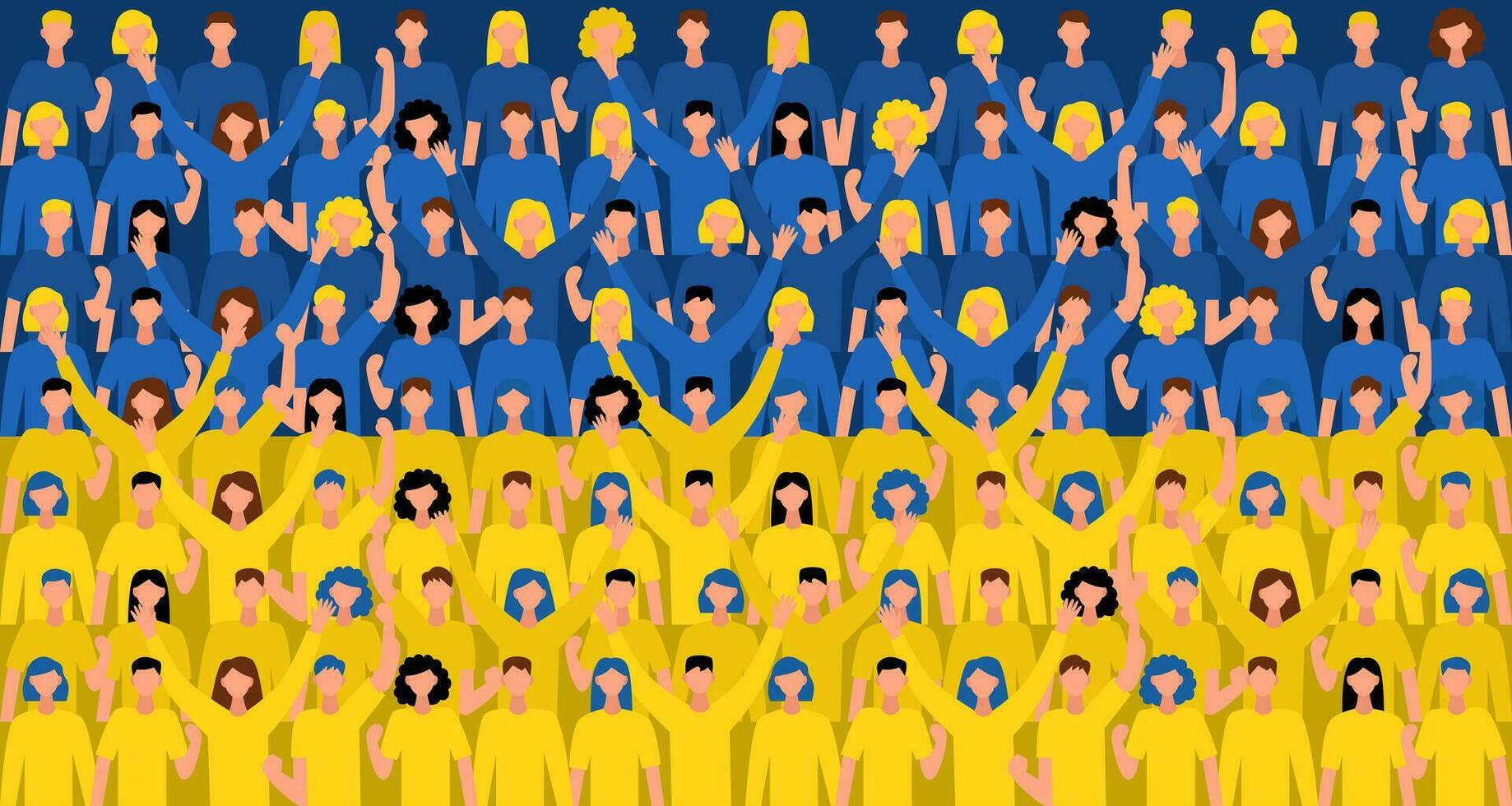 People dressed in the colors of the Ukrainian flag. Men and women in the form of a flag. Peace and victory. Vector flat illustration for a banner.