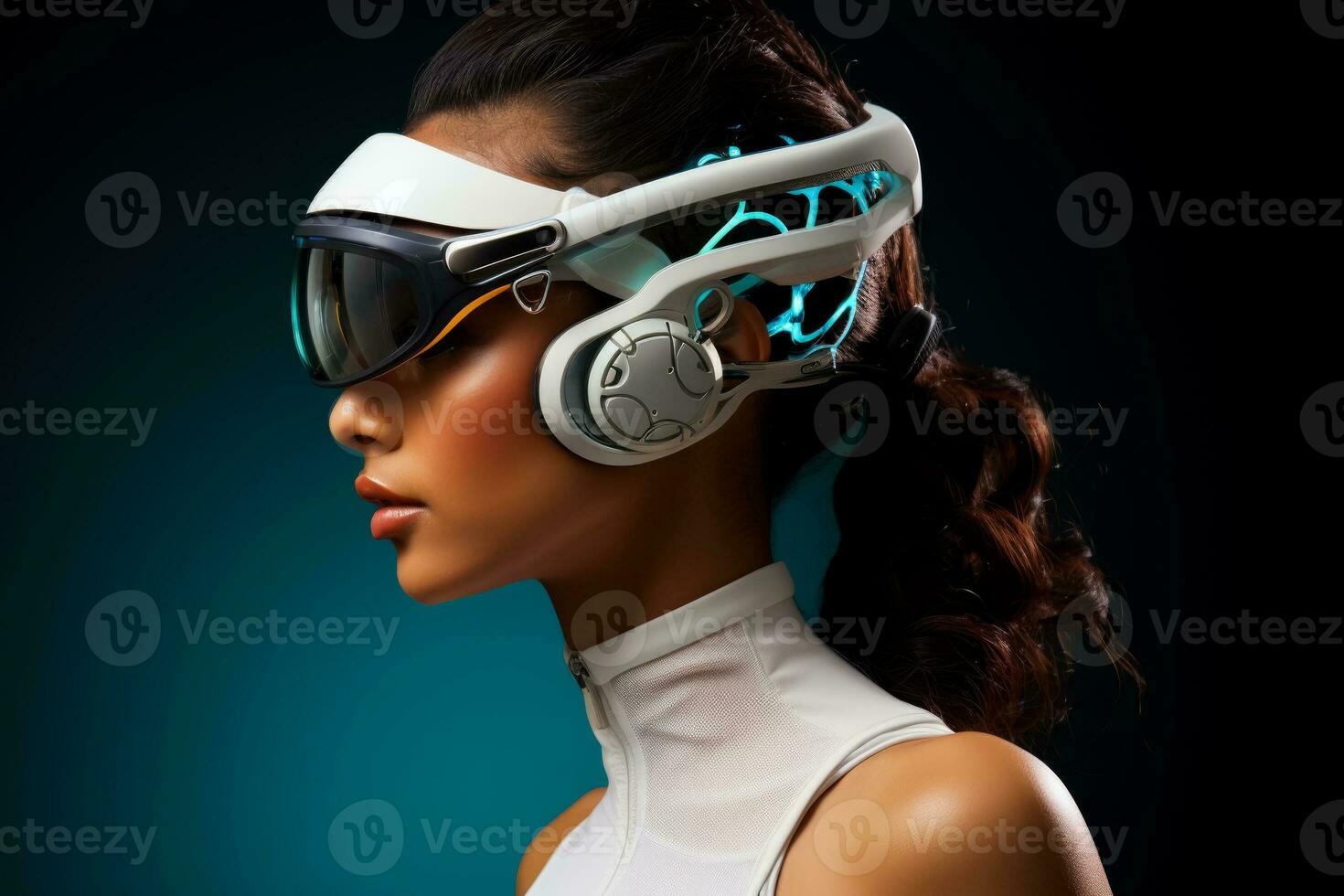 Futuristic model adorned with bio-tech wearable art isolated on a gradient background photo