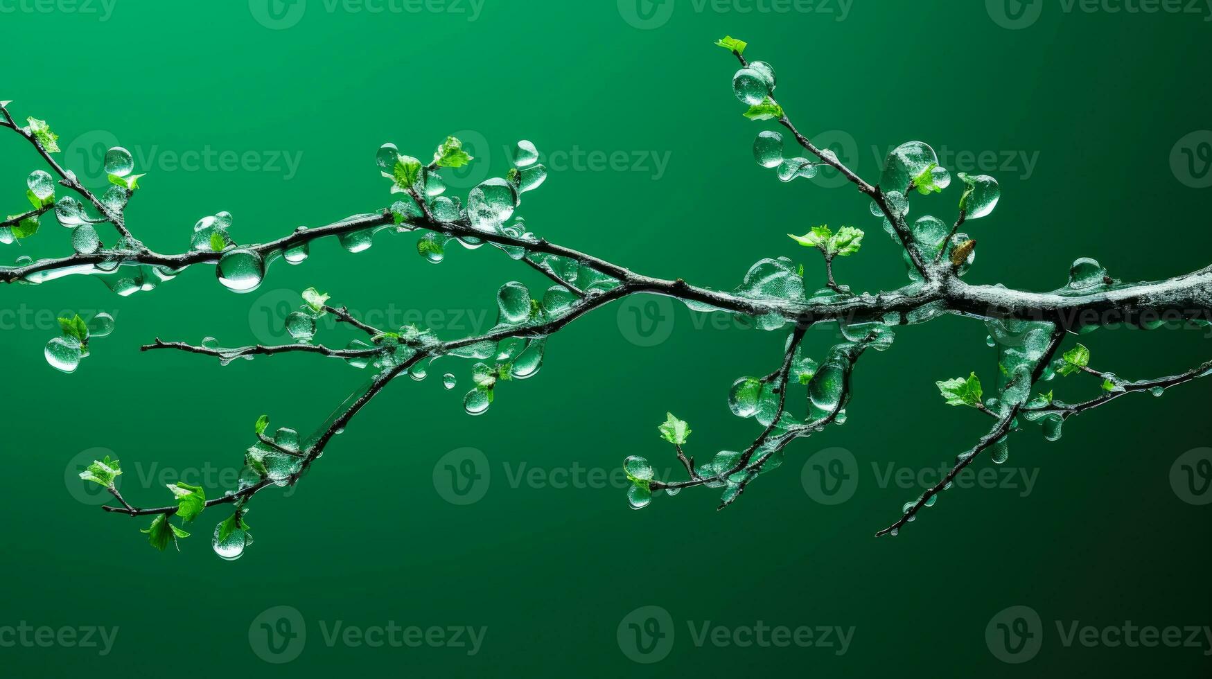 Broken tree branches following an ice storm isolated on a green gradient background photo