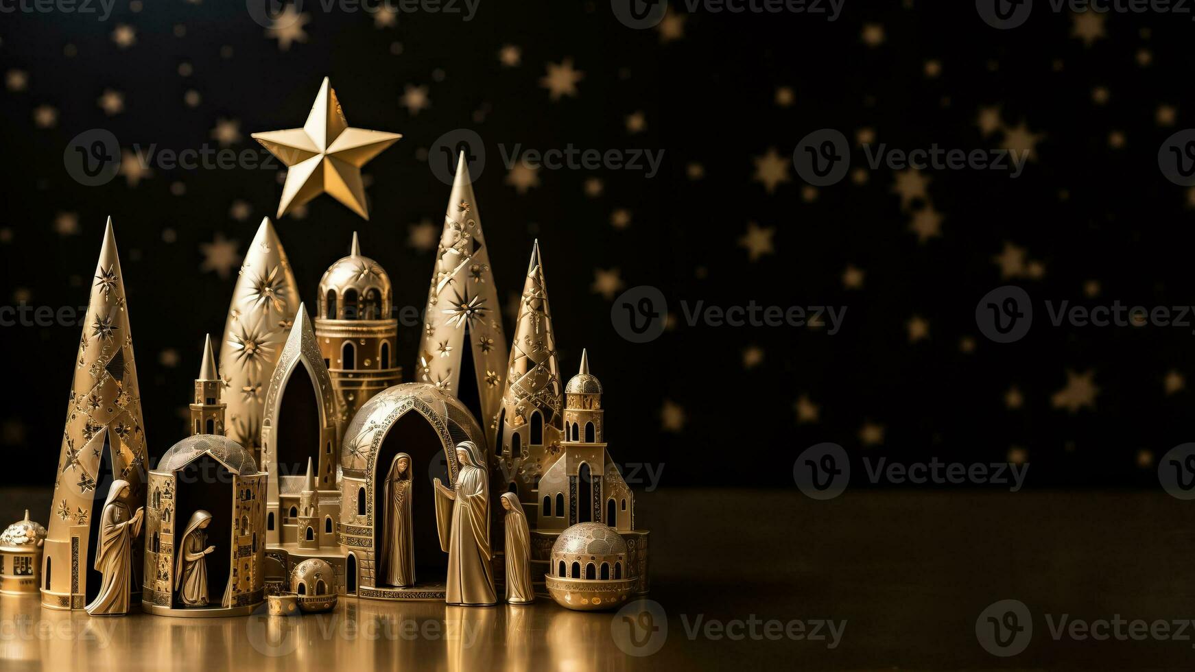 Early 20th-century handmade paper mache nativity set pieces gently displayed isolated on a starlight gold gradient background photo