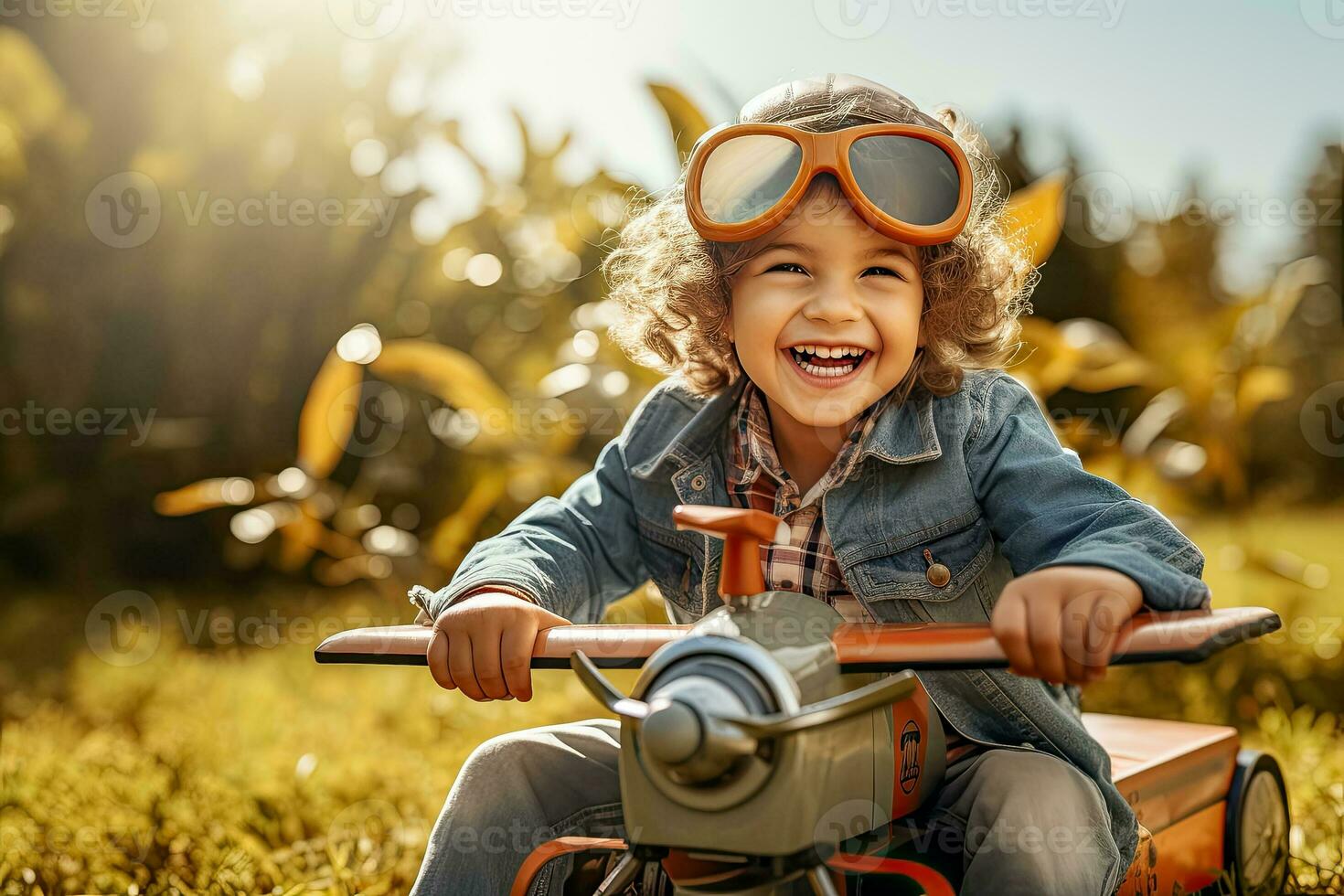 Father and son play with a toy plane while the boy sits on the man's shoulders photo