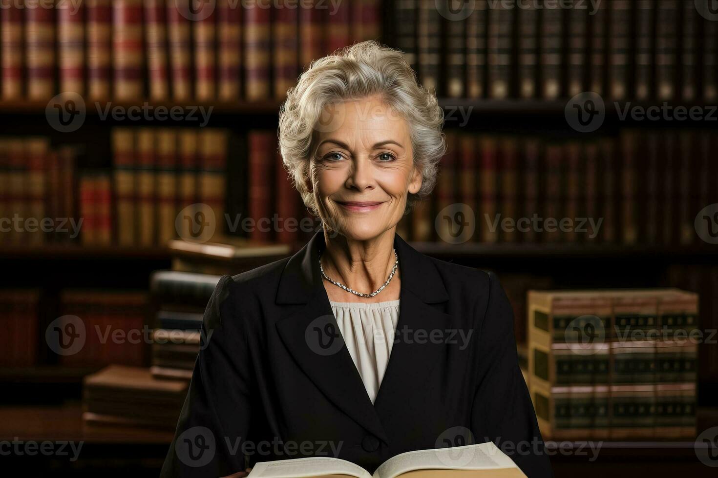 Portrait of a senior female judge with book in courtroom photo