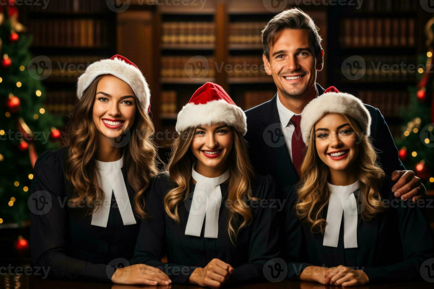 Team lawyers in the court on Christmas photo in santa hat