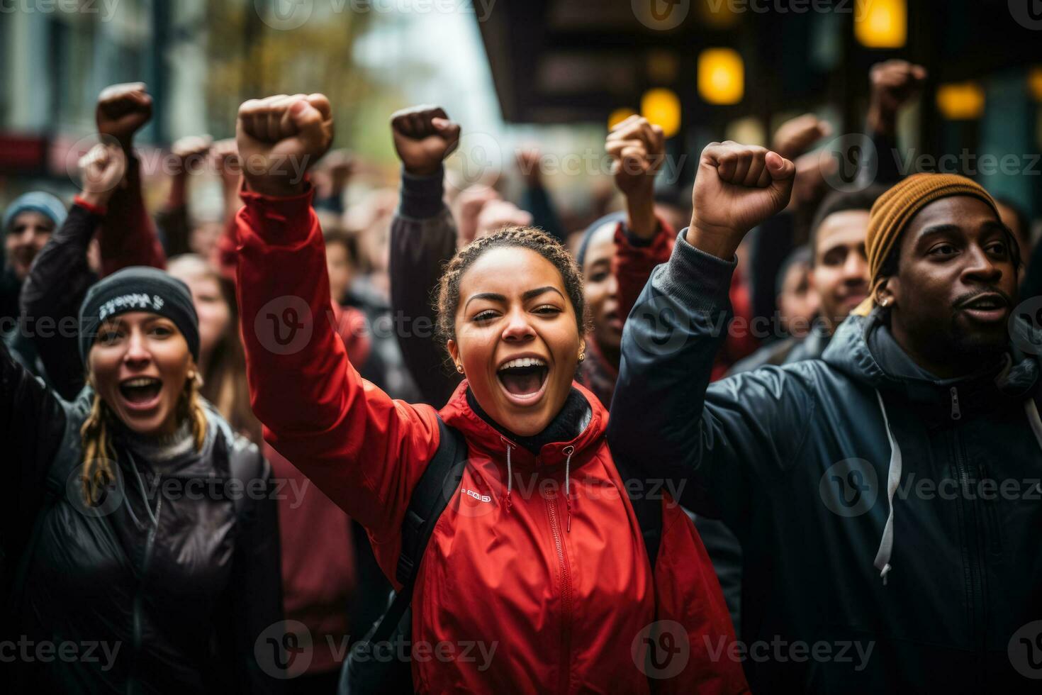 A group of passionate individuals raise their fists in unity as they march for their rights during a strike photo