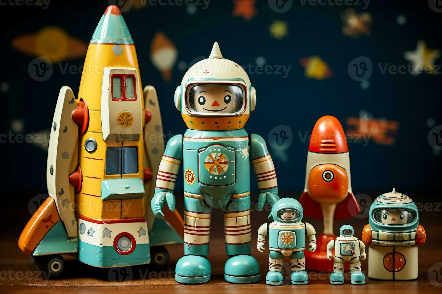 Retro isolated toys robot rocket and UFO photo