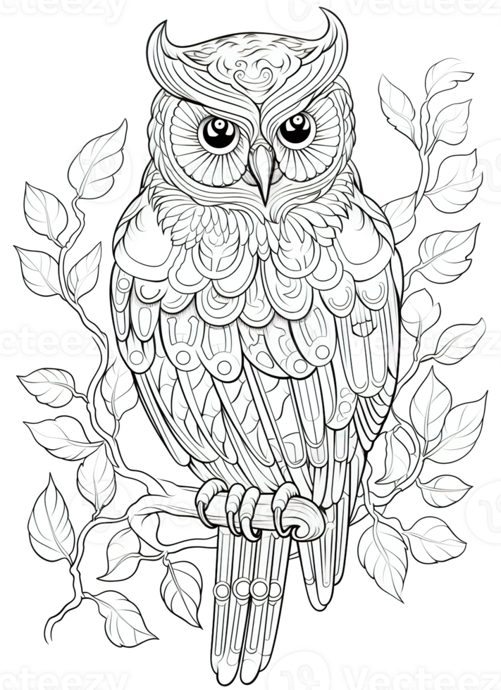 Owl Coloring Page for Adults, Full-Body Owl with Doodles for Relaxation and Stress Relief, Ai generative png