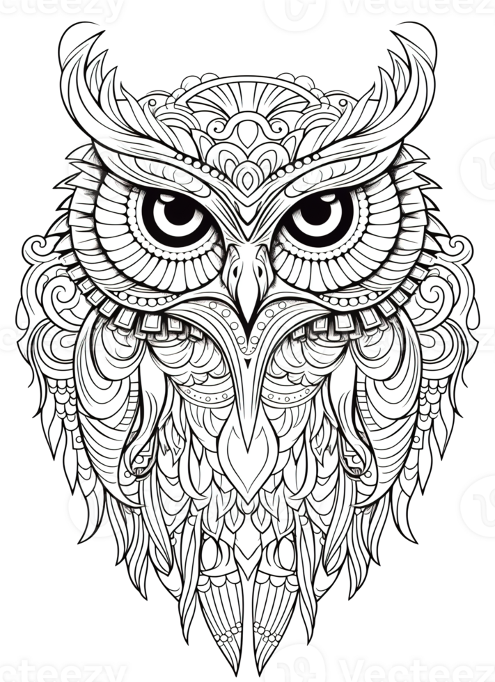 Owl Coloring Page for Adults, Full-Body Owl with Doodles for Relaxation and Stress Relief, Ai generative png