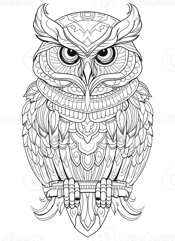 Owl Coloring Page for Adults, Full-Body Owl with Doodles for Relaxation and Stress Relief, Ai generative png