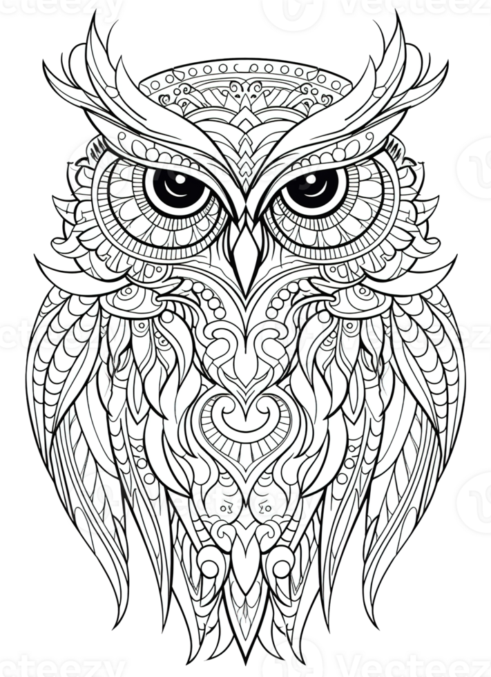 Owl Coloring Page for Adults, Full-Body Owl with Doodles for Relaxation and Stress Relief, Ai generative png