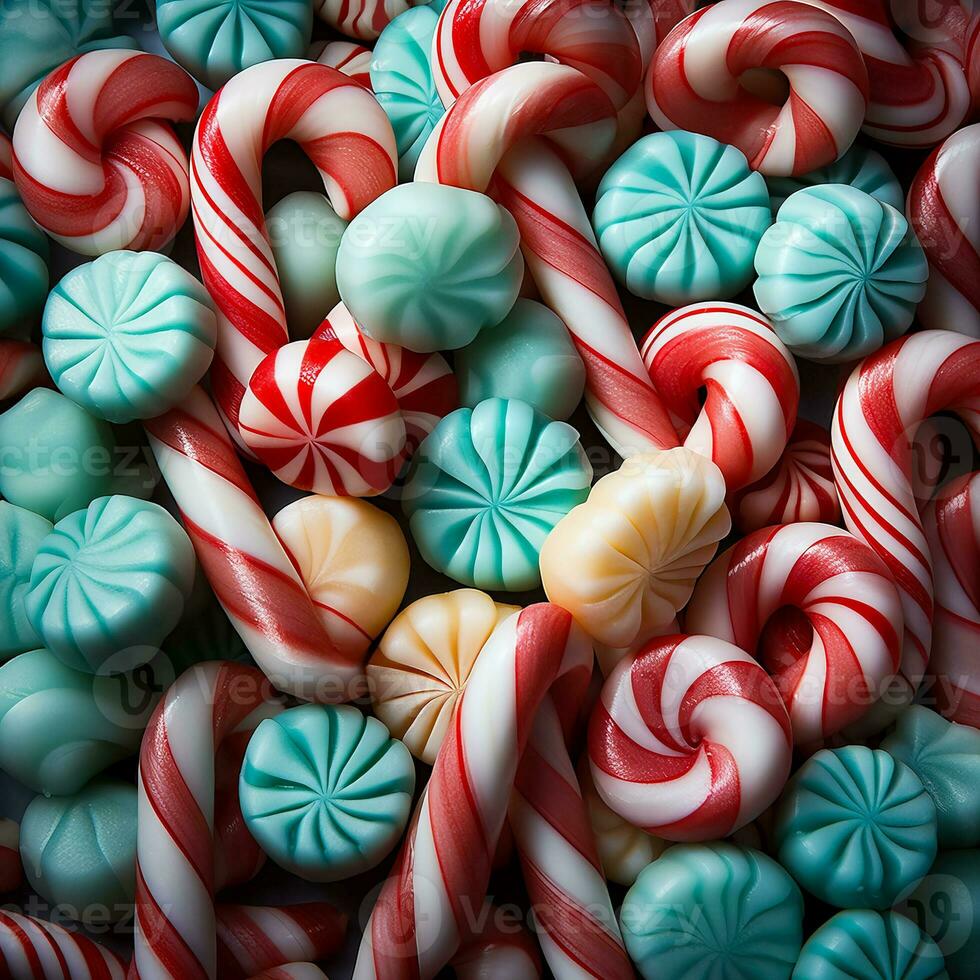 A close-up of colorful candy canes arranged in a low relief pattern against peppermint striped backgrounds photo