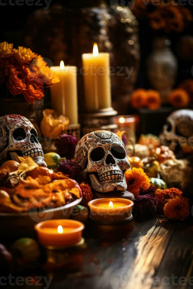 Authentic altars with traditional offerings Day of the Dead background with empty space for text photo