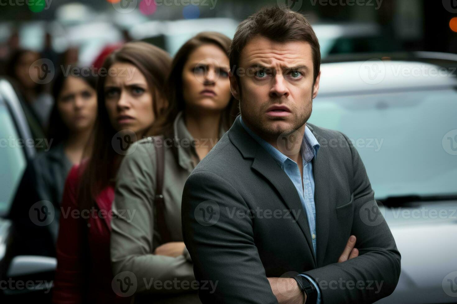 An intense traffic scene with frustrated men and women gesturing angrily background with empty space for text photo