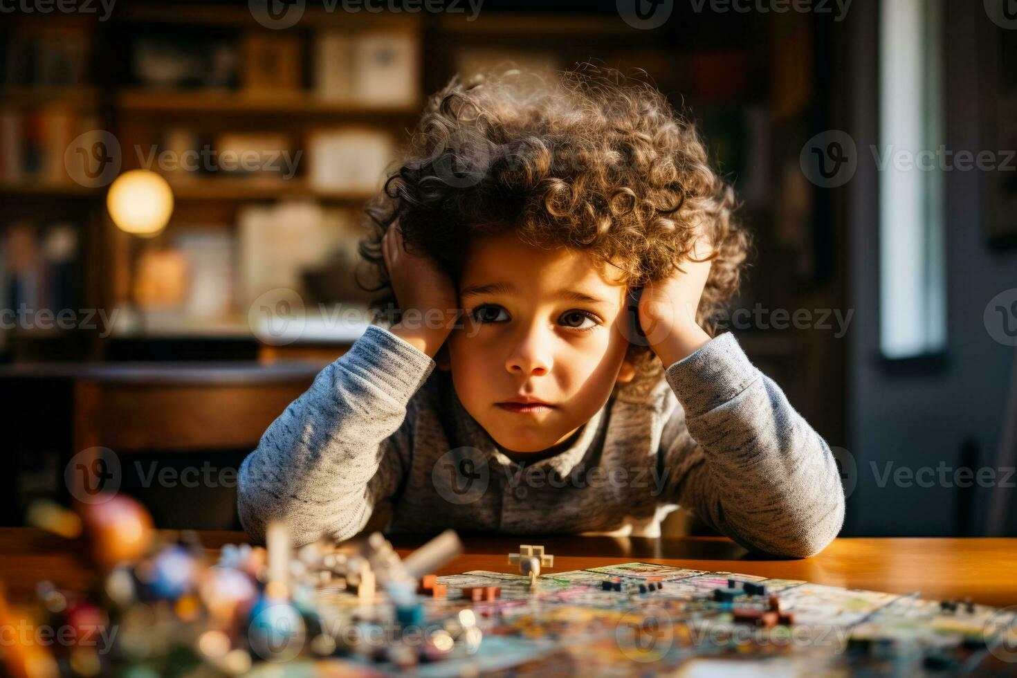 Childs face fluctuates between confusion and enlightenment while studying educational puzzles photo