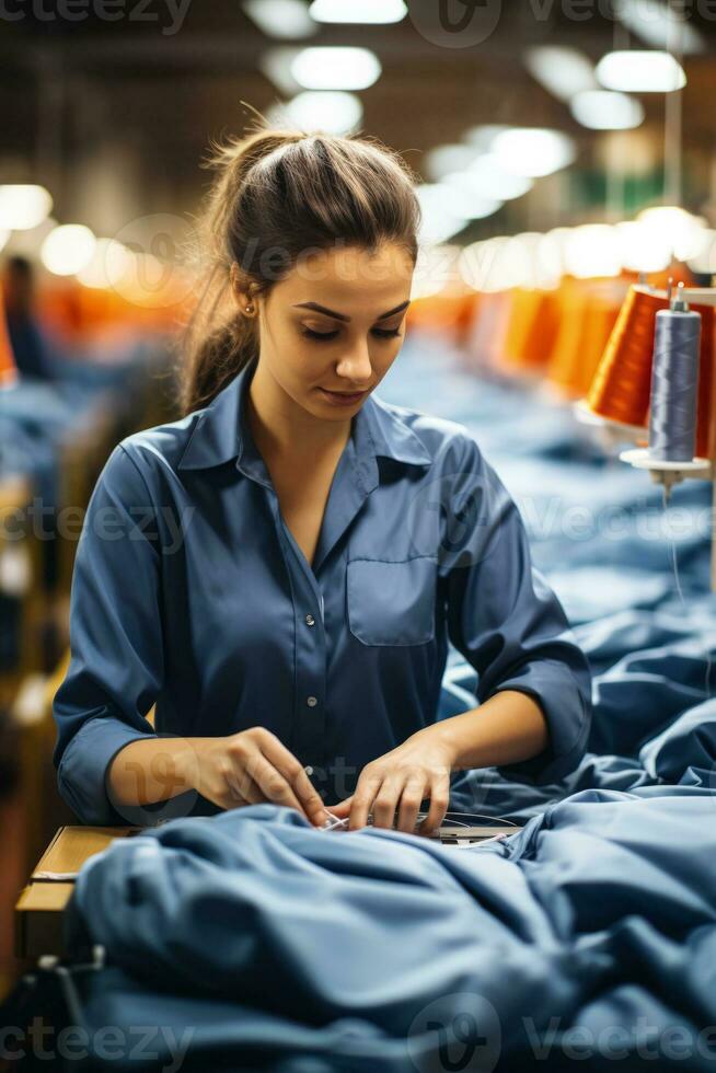 Expert seamstress navigating garment assembly in the heart of a textile factory photo