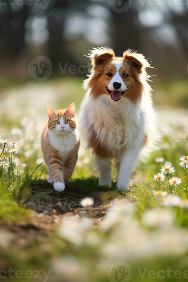 un mullido gato y un contento perro paseo mediante un soleado primavera prado foto