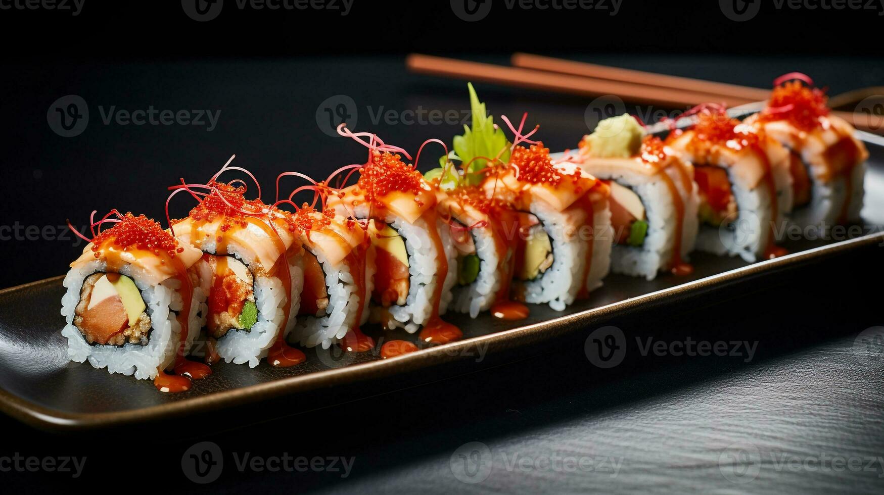 Photo of Sushi Rolls as a dish in a high-end restaurant. Generative AI