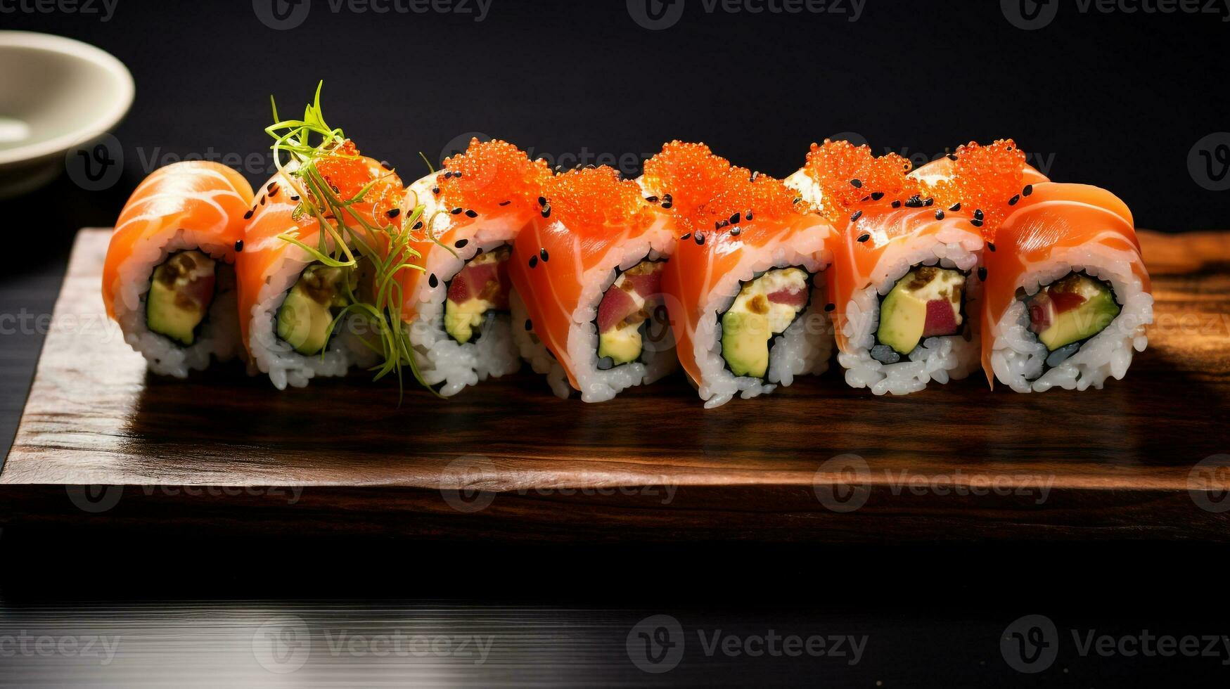 Photo of Sushi Rolls as a dish in a high-end restaurant. Generative AI