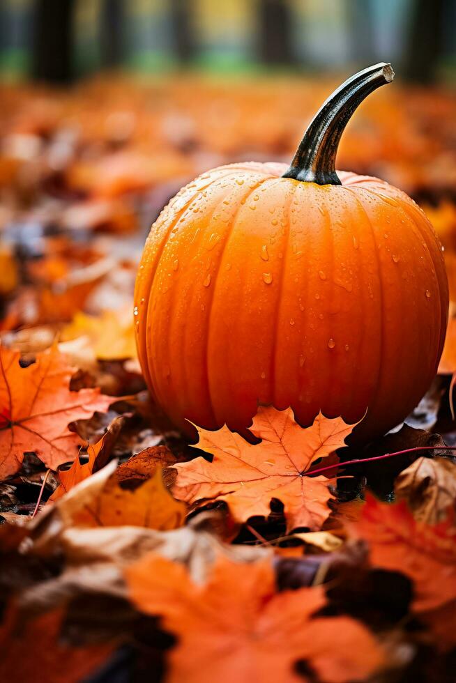 A close-up of a vibrant orange pumpkin surrounded by colorful fallen leaves symbolizing the essence of autumn harvest photo