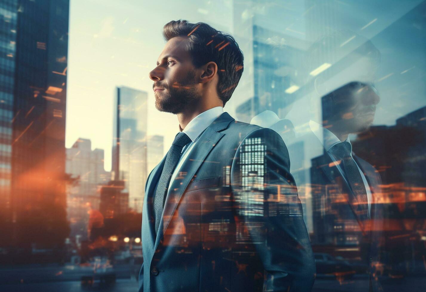 Ai generative A Double Exposure of a Businessman in the Cityscape Embodies Success and Future Plans photo