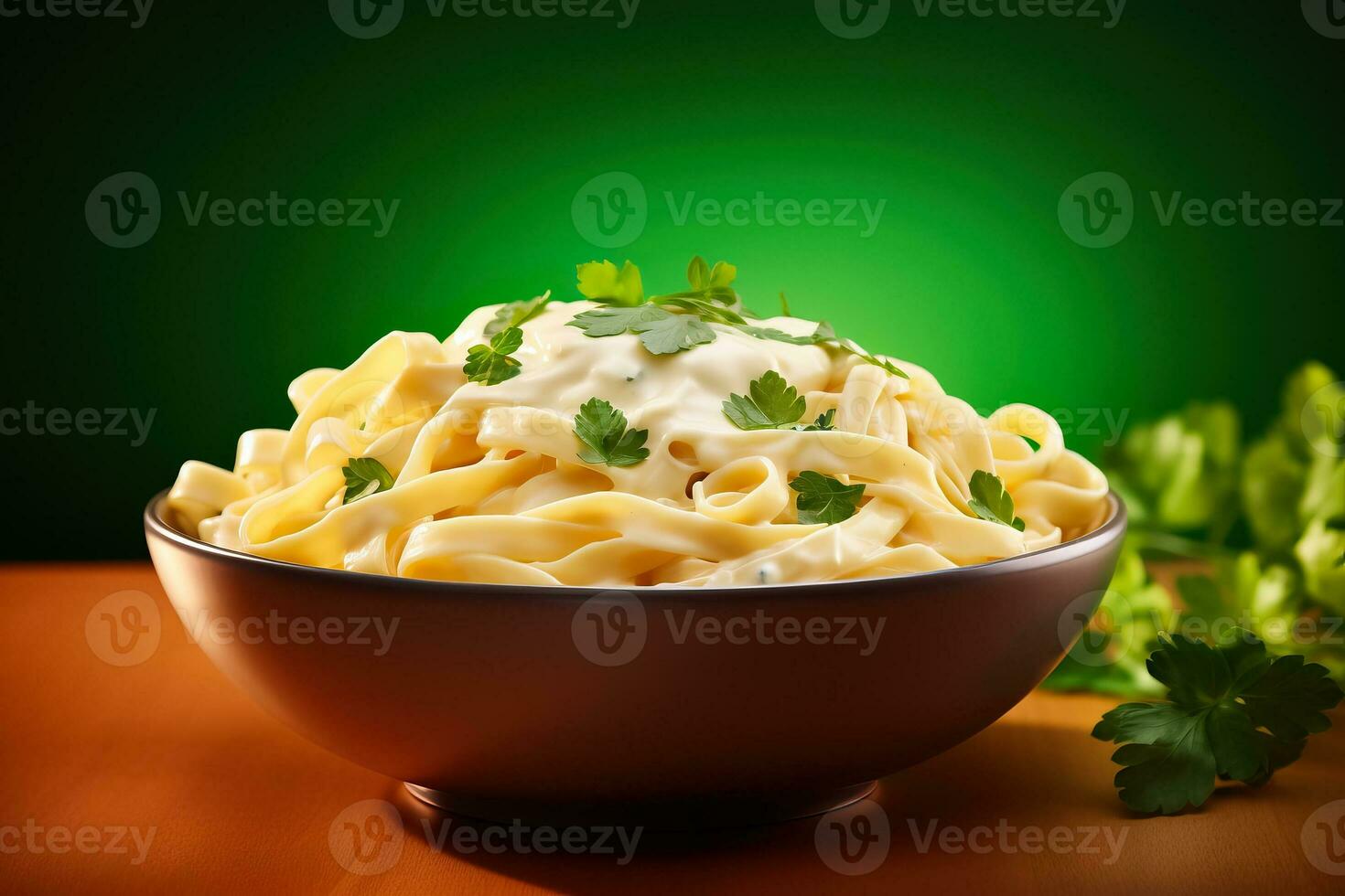 A mouth-watering image of a steaming bowl of creamy fettuccine Alfredo garnished with fresh parsley set against a warm gradient background photo