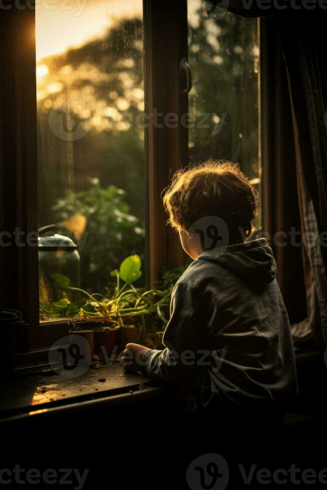 solitario niño sentado por el ventana perdido en profundo silencio pensamiento foto