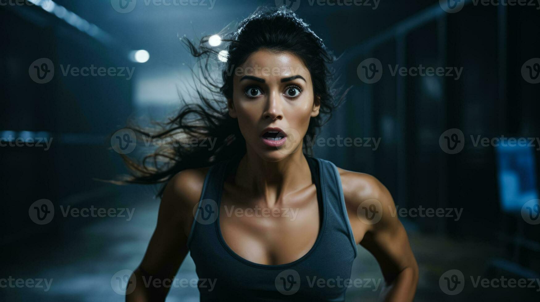 Running in slow motion shocked face of woman on dark background with a place for text photo