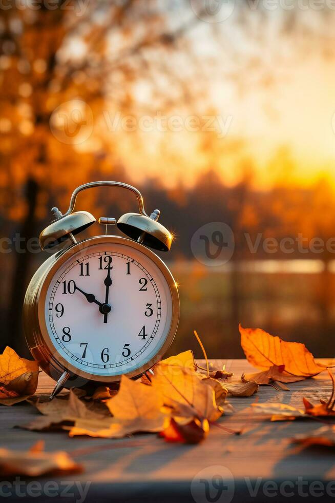 Alarm clock rests on autumn leaves against a backdrop of natural scenery photo