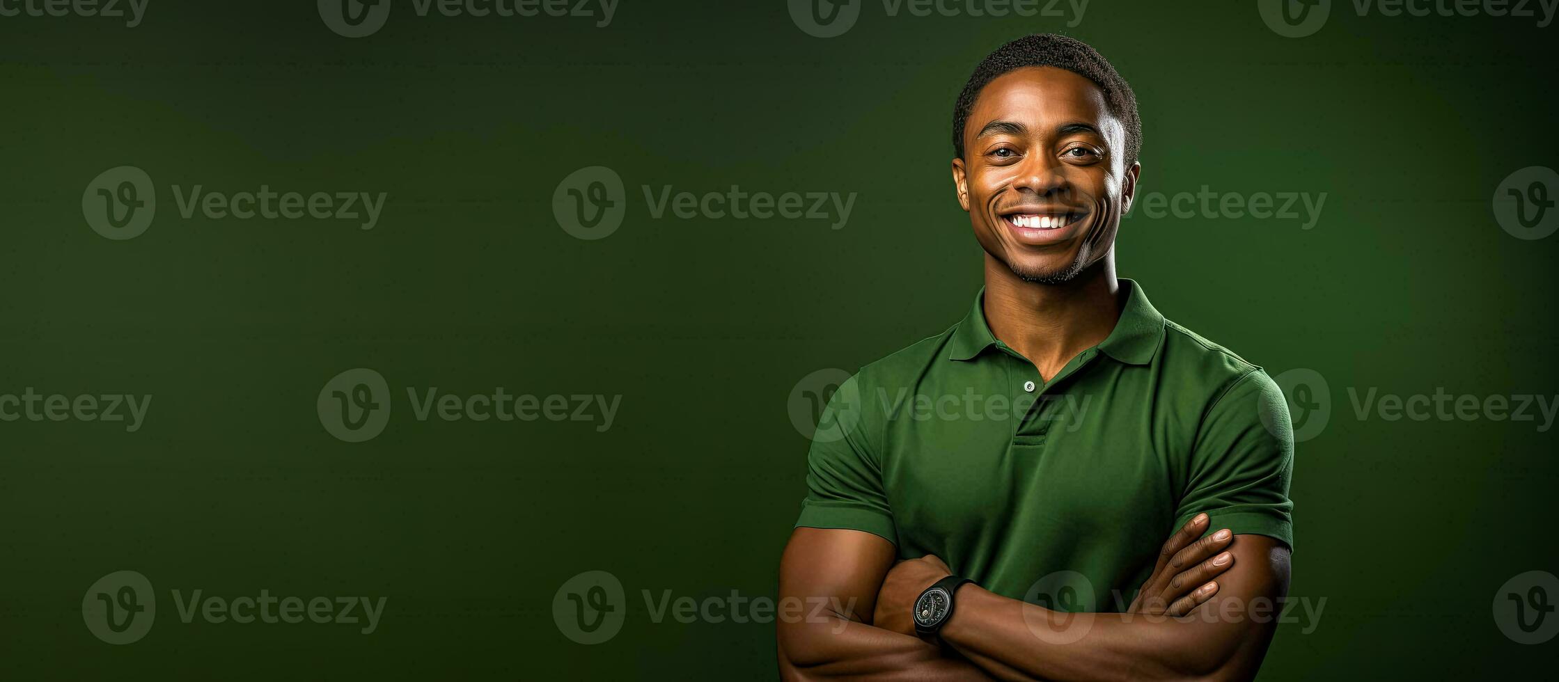 Smiling young black man stands in front of green backdrop with folded arms and green shirt photo
