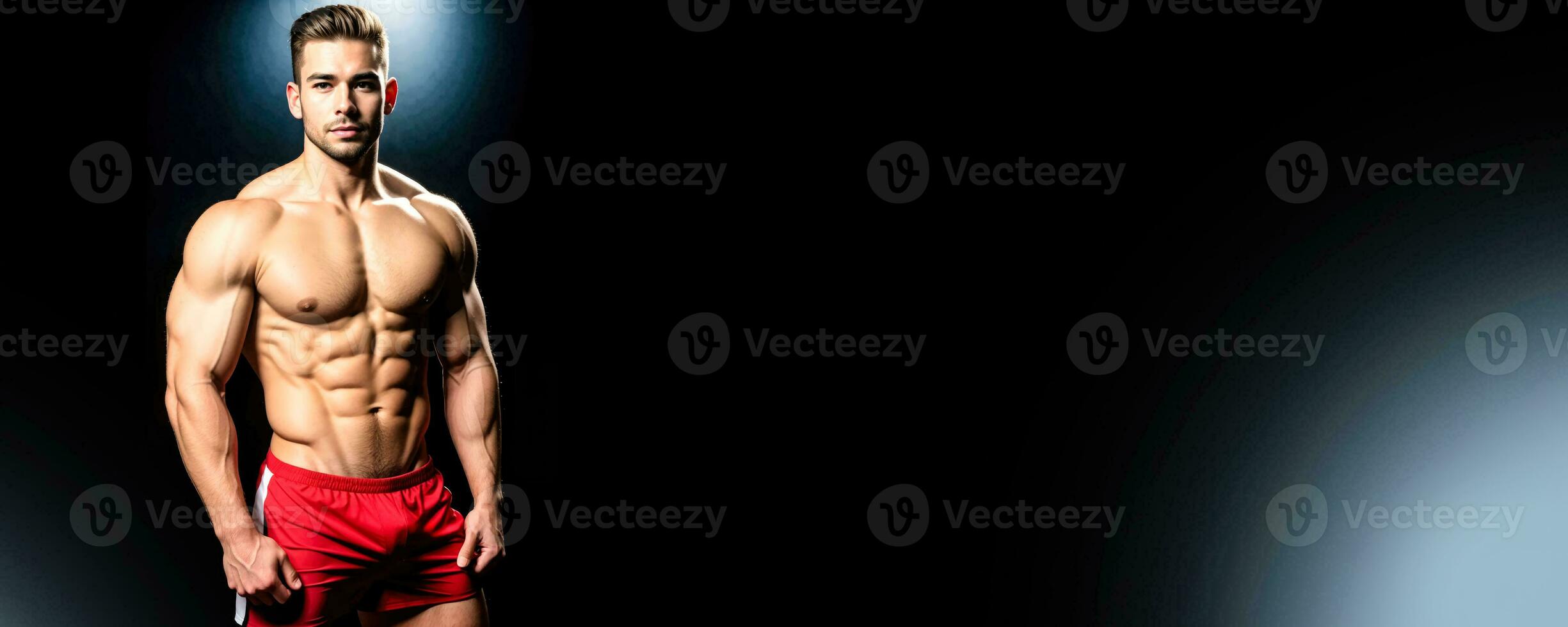 Male fitness trainer model isolated on black background with a copyspace photo