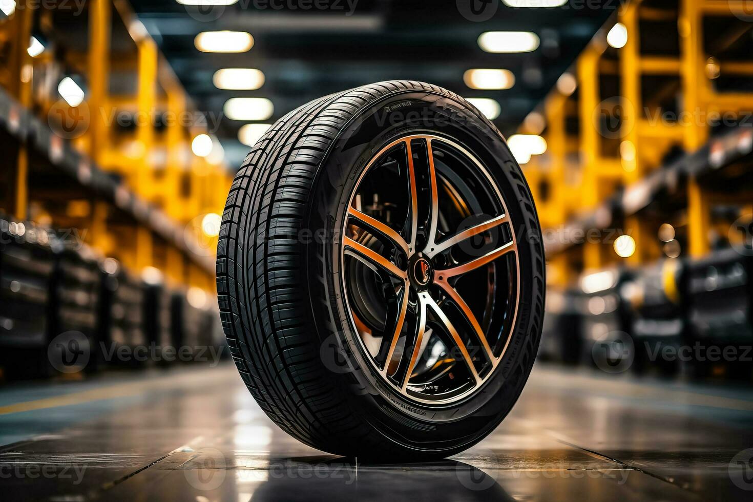 Mechanic holding a new tire in a car tire shop photo