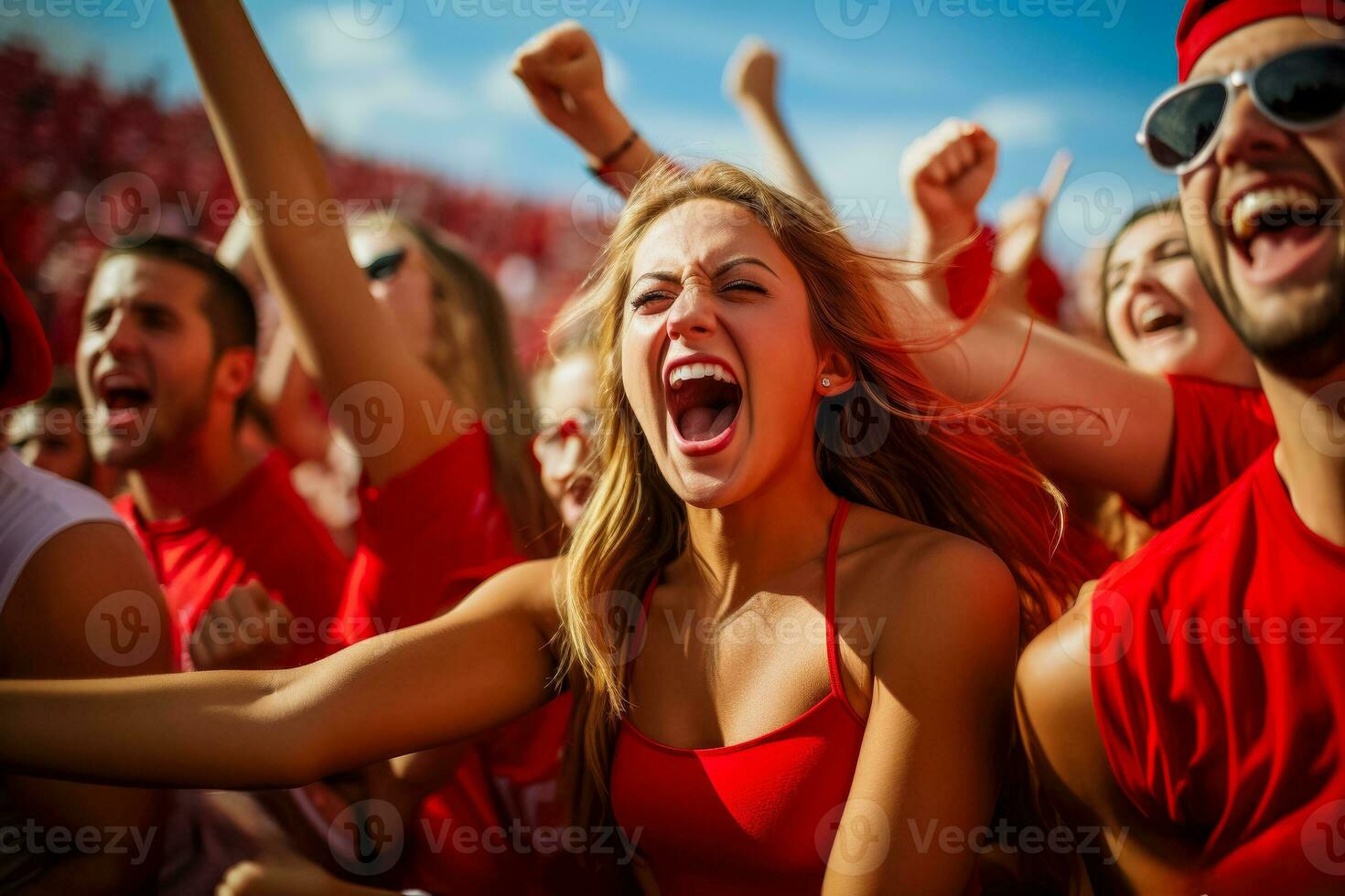 A crowd of passionate football fans clad in team colors cheerfully gather eagerly awaiting the kickoff of a new season photo