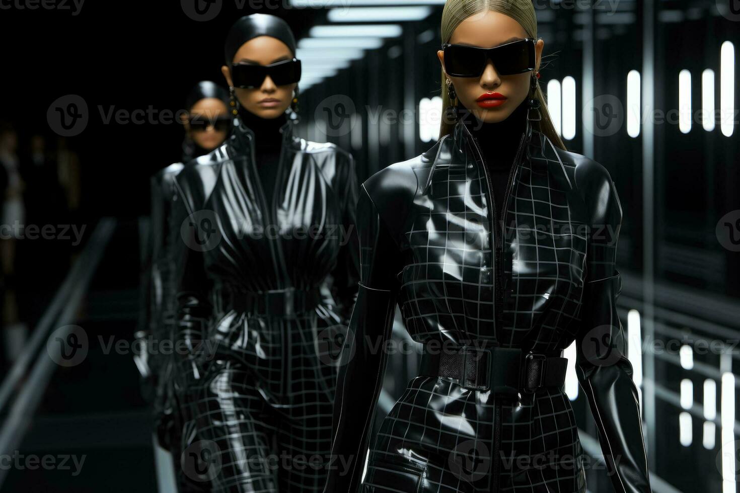 Futuristic models in sleek monochrome suits reflecting sci-fi chic on a neon grid runway photo