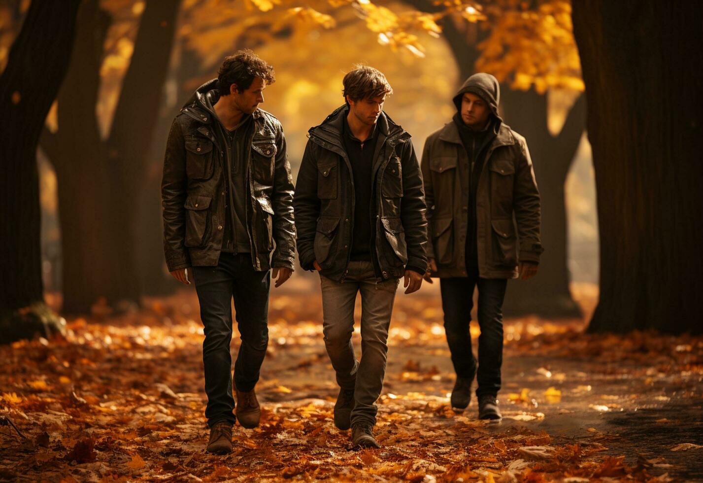 Ai Generative three young men walking in the autumn park and looking at each other realistic image, ultra hd, high design very detailed photo